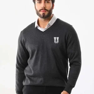 Alternative view of Baskılı V Yaka Uzun Kol Dokuma Triko - Füme