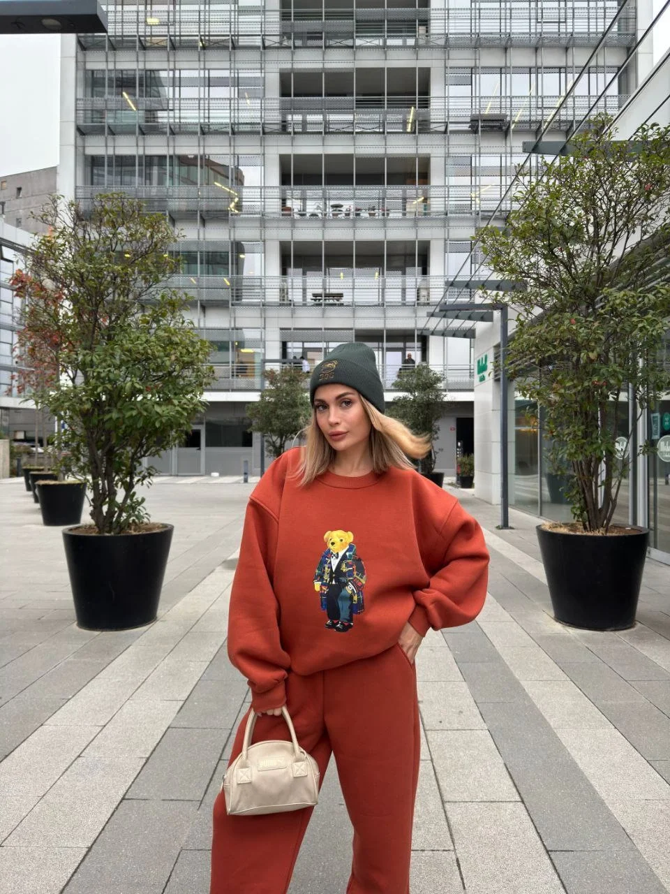 Bisiklet Yaka Üç İplik Sweat Takım - kiremit - Görsel 5