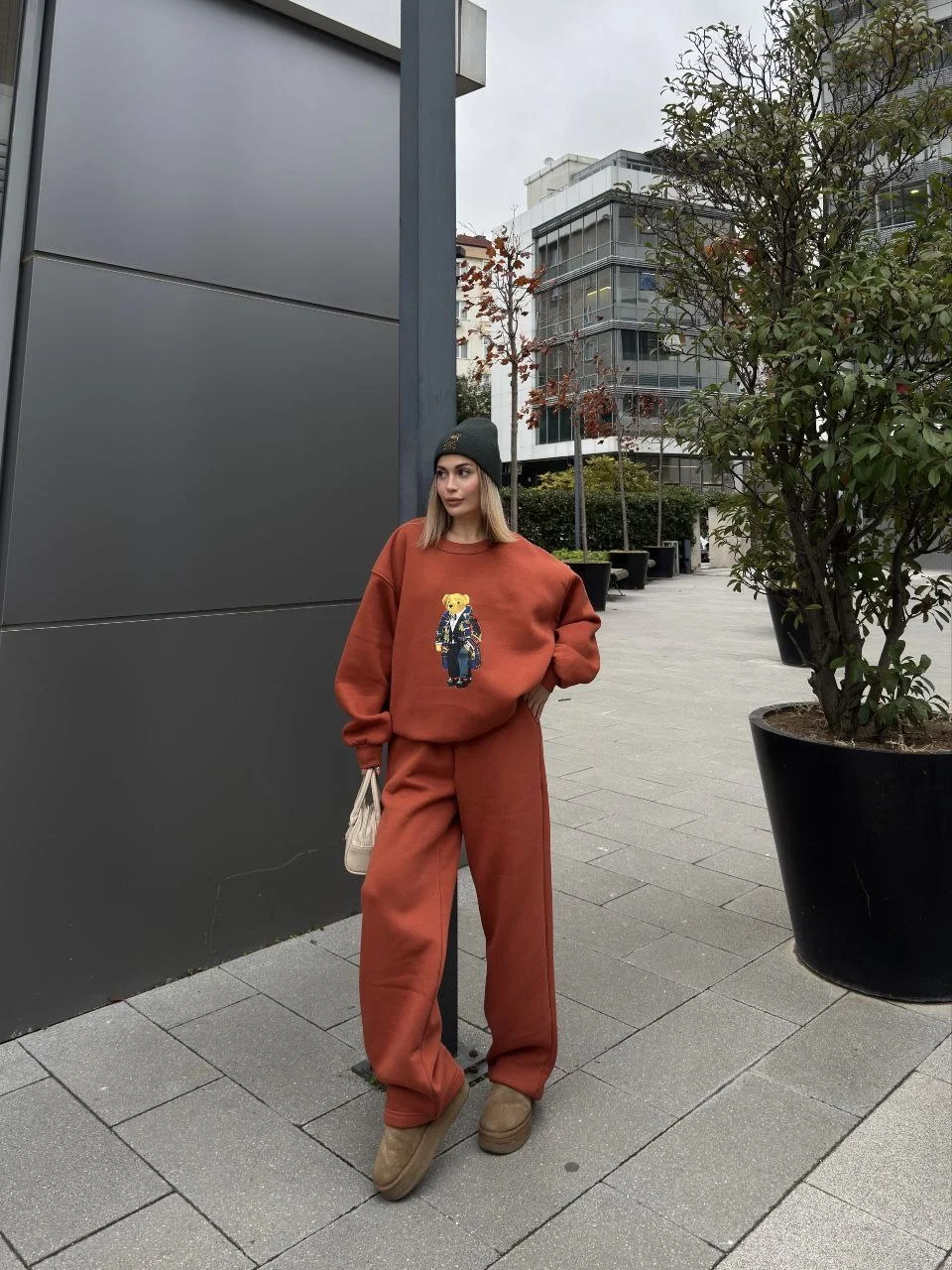 Bisiklet Yaka Üç İplik Sweat Takım - kiremit - Görsel 3