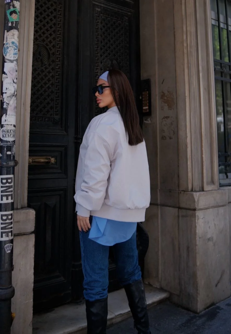 Cepli Bomber Ceket Mont - Beyaz - Görsel 3
