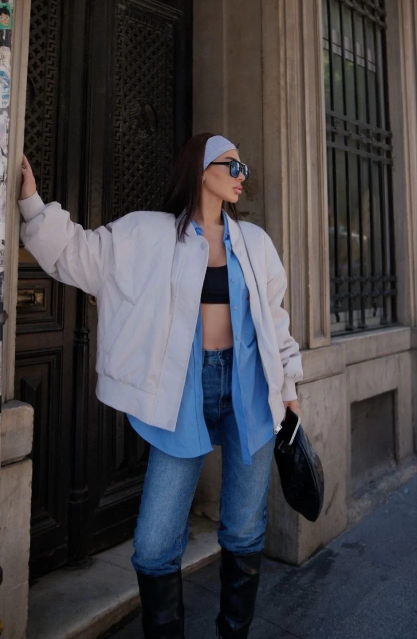 Cepli Bomber Ceket Mont - Beyaz - Görsel 2