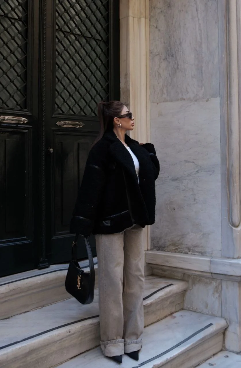 Cıt Cıt Detaylı Peluş Mont Ceket - Siyah - Görsel 6