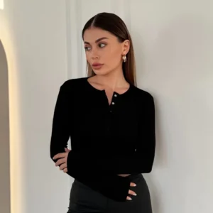 Cıt Cıt Detaylı Uzun Kollu Crop - Siyah