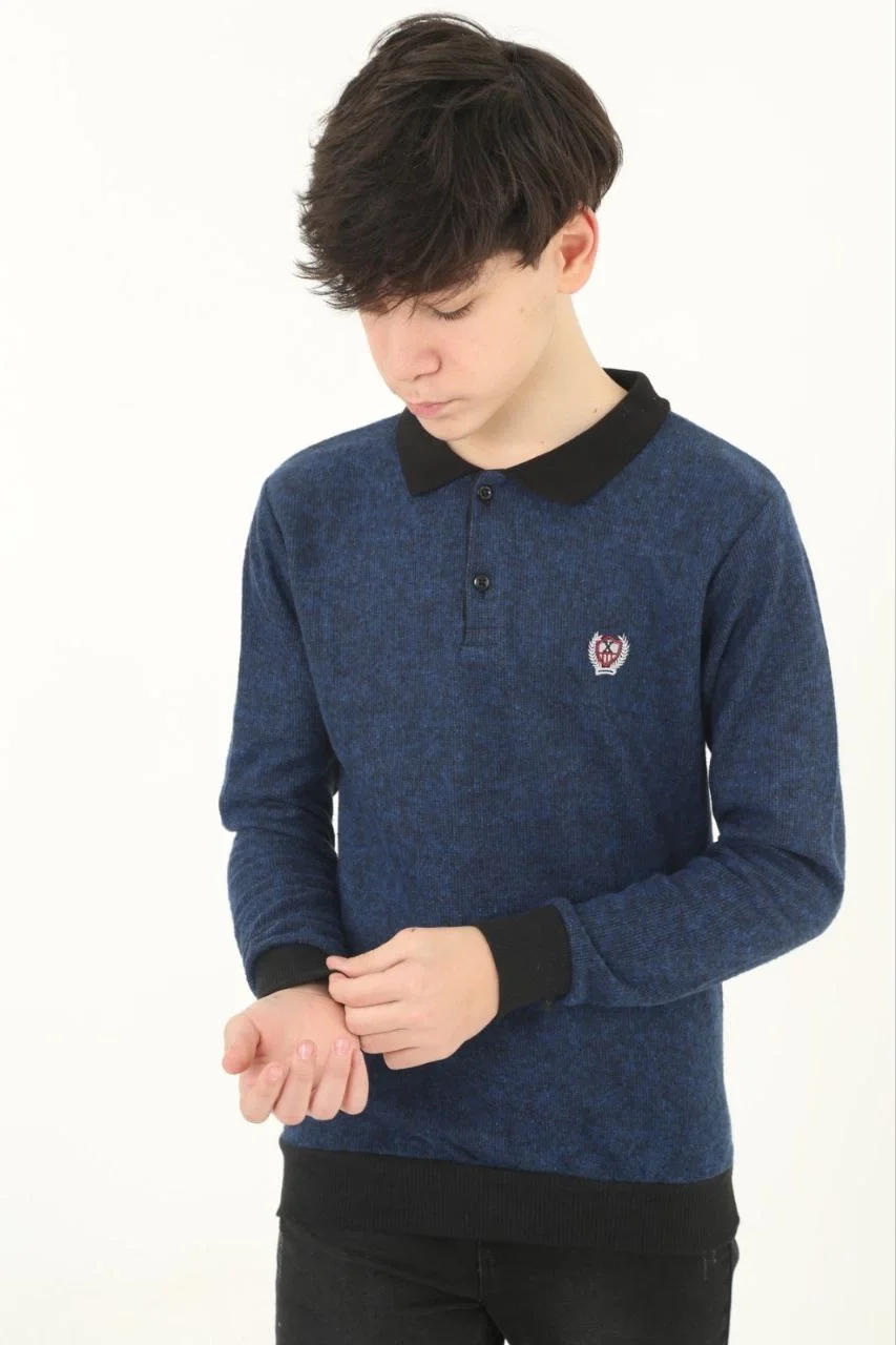 Çocuk Selanik Yaka Nakışlı Kazak - Lacivert - Görsel 3