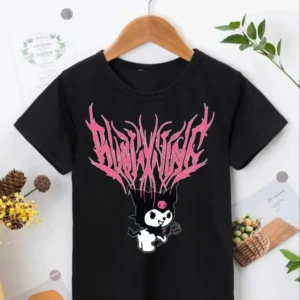 Kız Çocuk Bisiklet Yaka Baskılı T-Shirt - Siyah