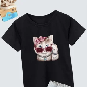 Kız Çocuk Bisiklet Yaka Baskılı T-Shirt - Siyah