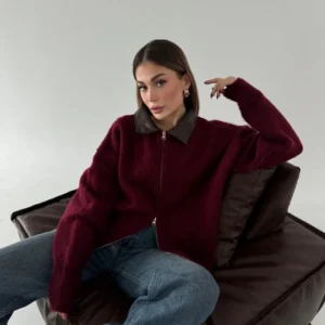 Deri Yakalı Pamuk dokulu Çift Taraflı Çalışan Fermuar Ceket - Bordo