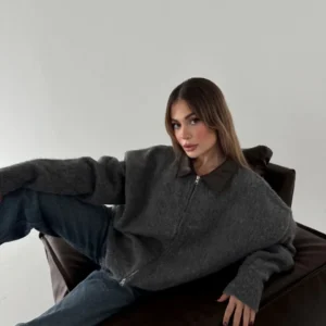 Alternative view of Deri Yakalı Pamuk dokulu Çift Taraflı Çalışan Fermuar Ceket - Füme