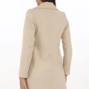 Alternative view of Kadın Kaşe Kaban – Siyah Yünlü Dokuma, Kruvaze Yaka, Astarlı, Cepli, Kuşaklı Uzun Boy Tesettür Uyumlu Kışlık Şık Kaban - Bej