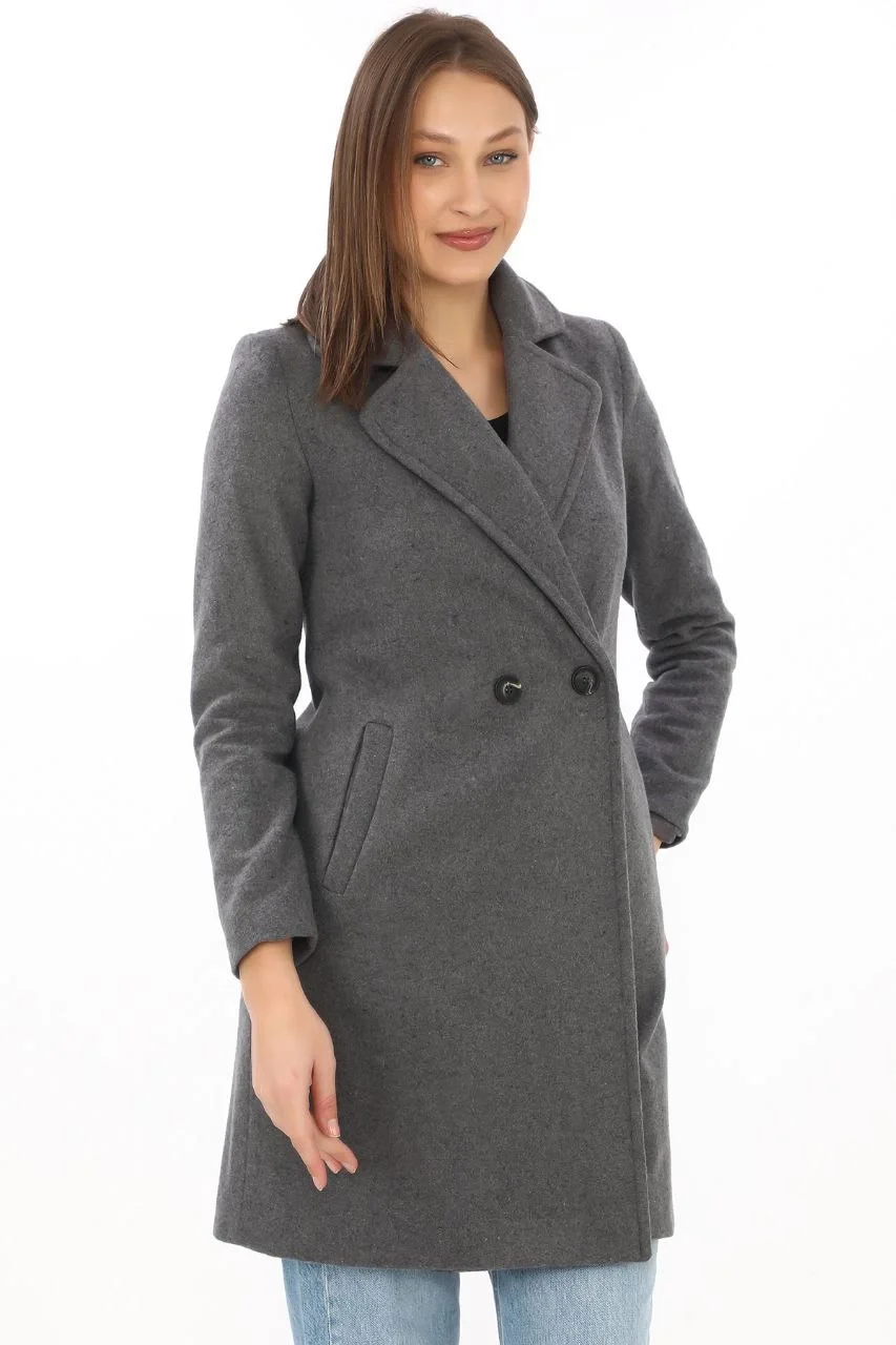 Kadın Kaşe Kaban – Siyah Yünlü Dokuma, Kruvaze Yaka, Astarlı, Cepli, Kuşaklı Uzun Boy Tesettür Uyumlu Kışlık Şık Kaban - Füme - Görsel 7