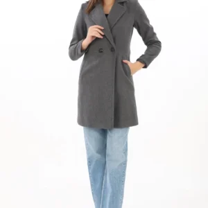 Alternative view of Kadın Kaşe Kaban – Siyah Yünlü Dokuma, Kruvaze Yaka, Astarlı, Cepli, Kuşaklı Uzun Boy Tesettür Uyumlu Kışlık Şık Kaban - Füme