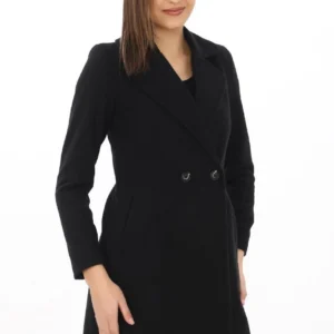 Kadın Kaşe Kaban – Siyah Yünlü Dokuma, Kruvaze Yaka, Astarlı, Cepli, Kuşaklı Uzun Boy Tesettür Uyumlu Kışlık Şık Kaban - Siyah