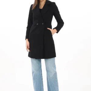 Alternative view of Kadın Kaşe Kaban – Siyah Yünlü Dokuma, Kruvaze Yaka, Astarlı, Cepli, Kuşaklı Uzun Boy Tesettür Uyumlu Kışlık Şık Kaban - Siyah