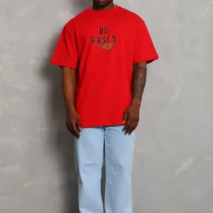 Alternative view of Unisex Oversize Baskılı Bisiklet Yaka T-Shirt - Kırmızı