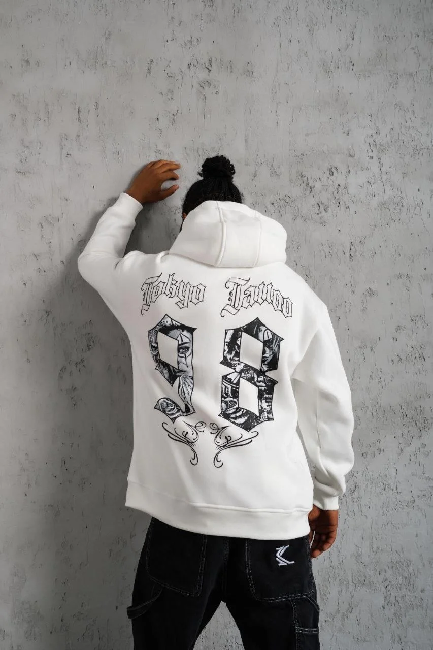 Erkek 98 Baskılı Kapşonlu Sweat - Beyaz - Görsel 3
