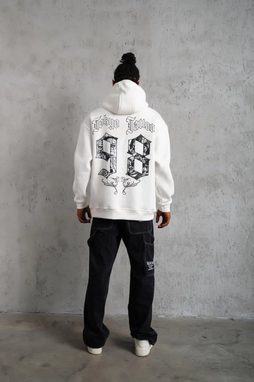 Erkek 98 Baskılı Kapşonlu Sweat - Beyaz - Görsel 4