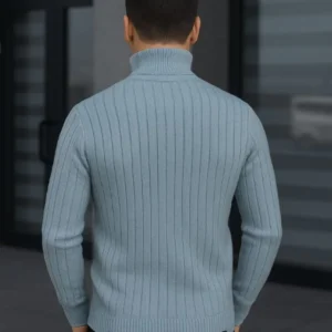 Alternative view of Erkek Balıkcı Yaka Bağazlı Triko Kazak Pamuklu Kalın Fitilli Dokuma, Regular Fit Uzun Kollu Kışlık Model - Bebe Mavisi