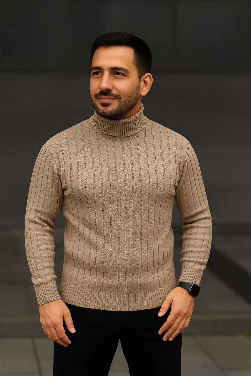 Erkek Balıkcı Yaka Bağazlı Triko Kazak Pamuklu Kalın Fitilli Dokuma, Regular Fit Uzun Kollu Kışlık Model - Bej - Görsel 4