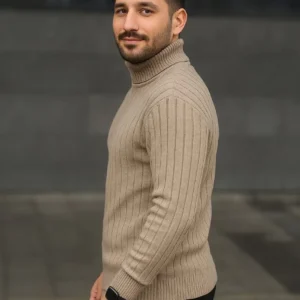 Alternative view of Erkek Balıkcı Yaka Bağazlı Triko Kazak Pamuklu Kalın Fitilli Dokuma, Regular Fit Uzun Kollu Kışlık Model - Bej