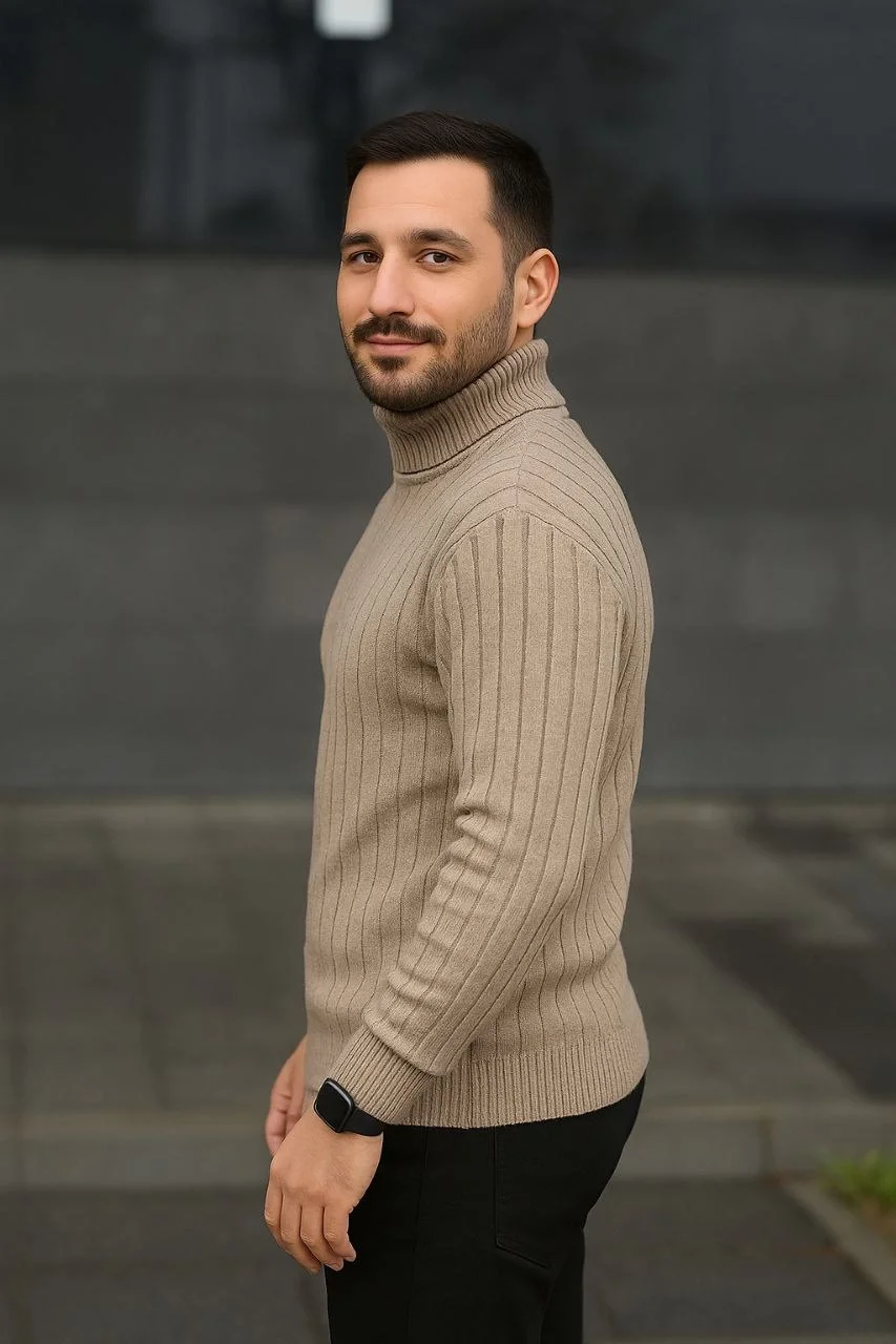 Erkek Balıkcı Yaka Bağazlı Triko Kazak Pamuklu Kalın Fitilli Dokuma, Regular Fit Uzun Kollu Kışlık Model - Bej - Görsel 2