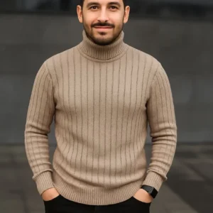 Erkek Balıkcı Yaka Bağazlı Triko Kazak Pamuklu Kalın Fitilli Dokuma, Regular Fit Uzun Kollu Kışlık Model - Bej