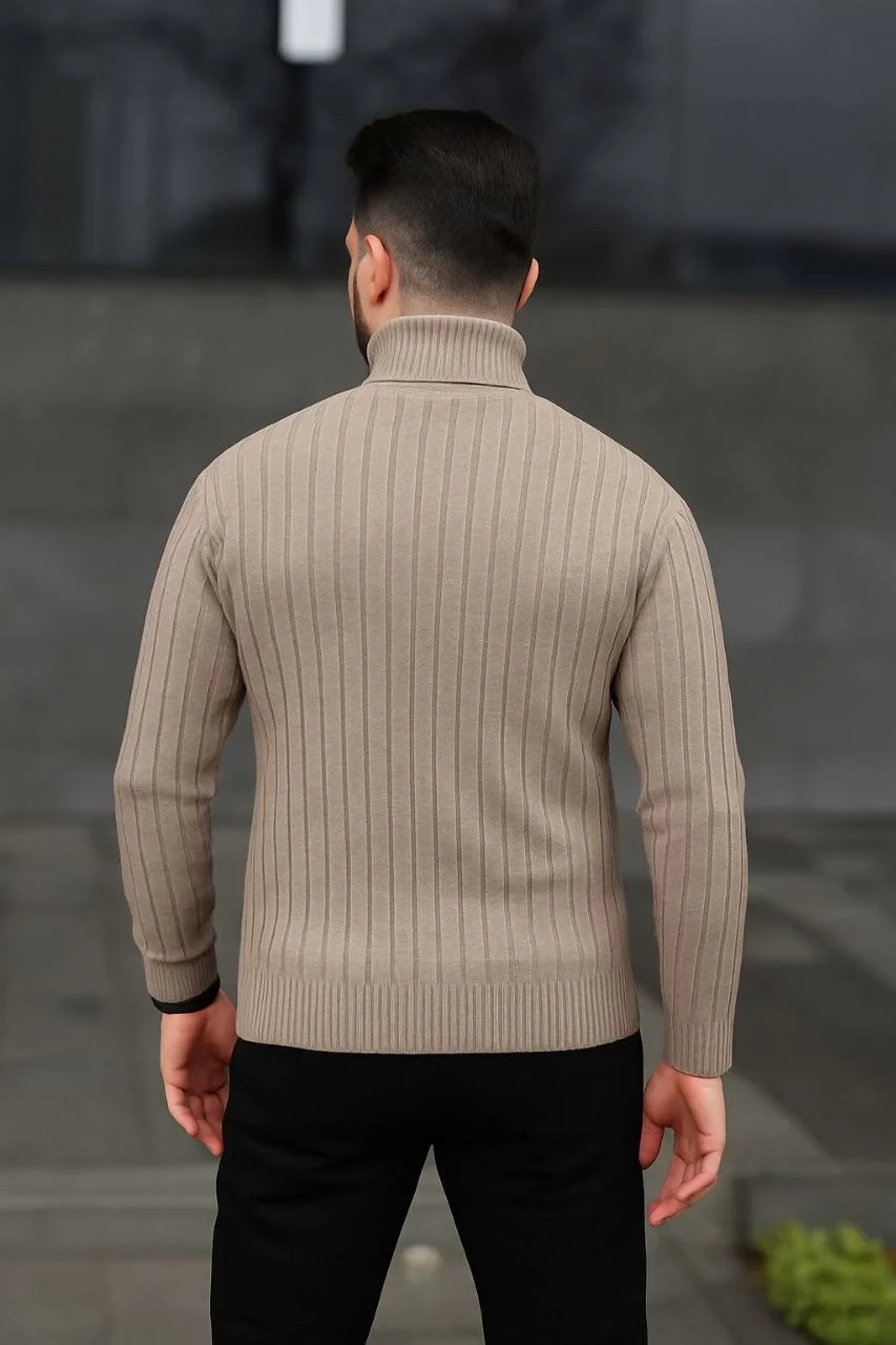 Erkek Balıkcı Yaka Bağazlı Triko Kazak Pamuklu Kalın Fitilli Dokuma, Regular Fit Uzun Kollu Kışlık Model - Bej - Görsel 3