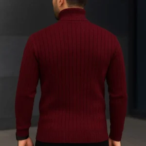 Alternative view of Erkek Balıkcı Yaka Bağazlı Triko Kazak Pamuklu Kalın Fitilli Dokuma, Regular Fit Uzun Kollu Kışlık Model - Bordo