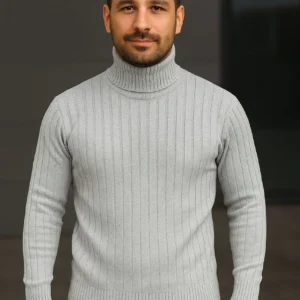 Alternative view of Erkek Balıkcı Yaka Bağazlı Triko Kazak Pamuklu Kalın Fitilli Dokuma, Regular Fit Uzun Kollu Kışlık Model - Gri