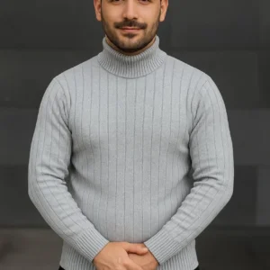 Erkek Balıkcı Yaka Bağazlı Triko Kazak Pamuklu Kalın Fitilli Dokuma, Regular Fit Uzun Kollu Kışlık Model - Gri