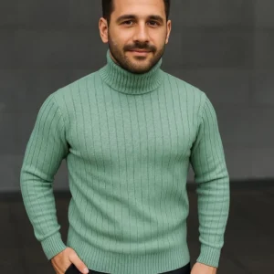 Alternative view of Erkek Balıkcı Yaka Bağazlı Triko Kazak Pamuklu Kalın Fitilli Dokuma, Regular Fit Uzun Kollu Kışlık Model - Mint Yeşili