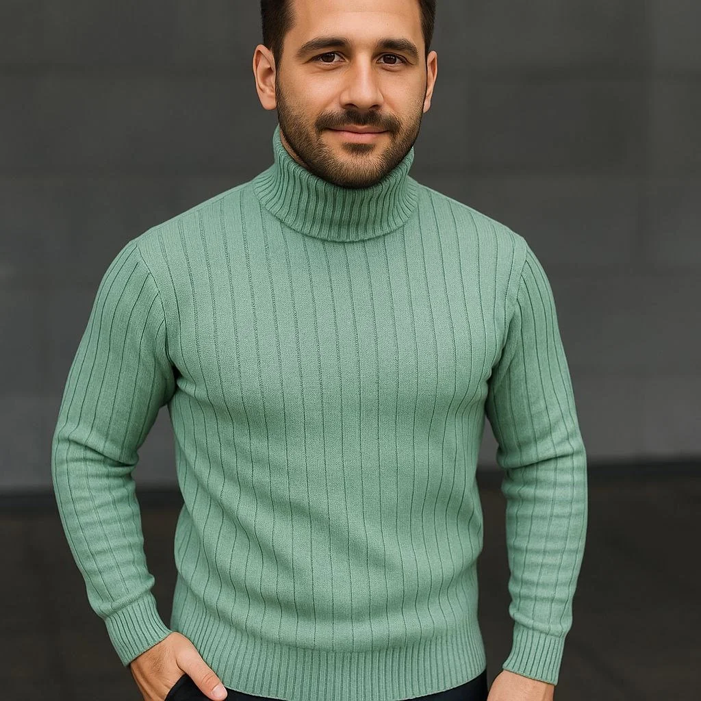 Erkek Balıkcı Yaka Bağazlı Triko Kazak Pamuklu Kalın Fitilli Dokuma, Regular Fit Uzun Kollu Kışlık Model - Mint Yeşili - Görsel 2