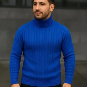 Erkek Balıkcı Yaka Bağazlı Triko Kazak Pamuklu Kalın Fitilli Dokuma, Regular Fit Uzun Kollu Kışlık Model - Saks Mavisi