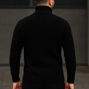 Alternative view of Erkek Balıkcı Yaka Bağazlı Triko Kazak Pamuklu Kalın Fitilli Dokuma, Regular Fit Uzun Kollu Kışlık Model - Siyah