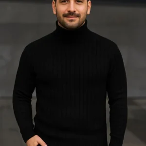 Erkek Balıkcı Yaka Bağazlı Triko Kazak Pamuklu Kalın Fitilli Dokuma, Regular Fit Uzun Kollu Kışlık Model - Siyah