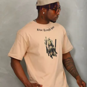 Alternative view of Unisex Oversize Baskılı Bisiklet Yaka T-Shirt - Bej