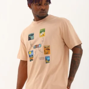 Unisex Oversize Baskılı Bisiklet Yaka T-Shirt - Bej