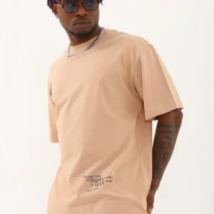 Unisex Oversize Baskılı Bisiklet Yaka T-Shirt - Bej