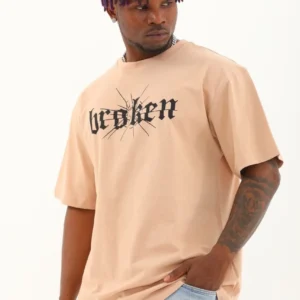 Unisex Oversize Baskılı Bisiklet Yaka T-Shirt - Bej