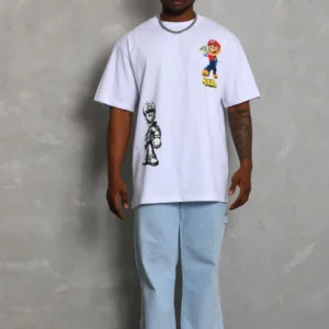 Unisex Oversize Baskılı Bisiklet Yaka T-Shirt - Beyaz