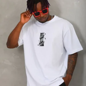 Unisex Oversize Baskılı Bisiklet Yaka T-Shirt - Beyaz