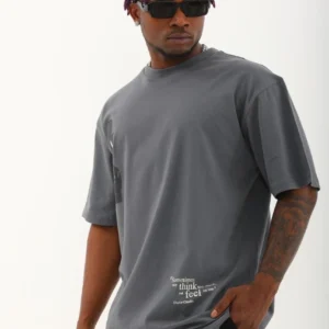 Alternative view of Unisex Oversize Baskılı Bisiklet Yaka T-Shirt - Füme