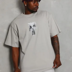 Alternative view of Unisex Oversize Baskılı Bisiklet Yaka T-Shirt - Gri