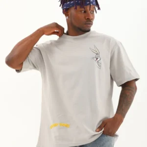 Unisex Oversize Baskılı Bisiklet Yaka T-Shirt - Gri