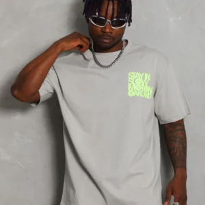 Alternative view of Unisex Oversize Baskılı Bisiklet Yaka T-Shirt - Gri