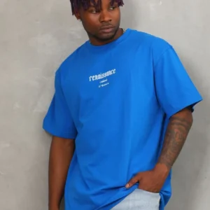 Unisex Oversize Baskılı Bisiklet Yaka T-Shirt - Mavi