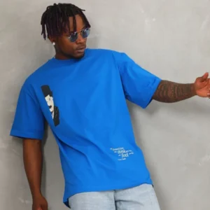 Alternative view of Unisex Oversize Baskılı Bisiklet Yaka T-Shirt - Mavi