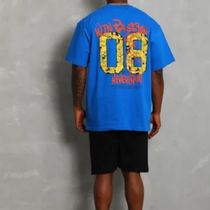 Alternative view of Unisex Oversize Baskılı Bisiklet Yaka T-Shirt - Mavi