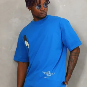 Unisex Oversize Baskılı Bisiklet Yaka T-Shirt - Mavi