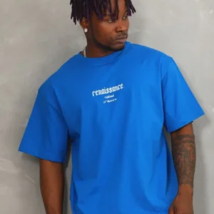 Alternative view of Unisex Oversize Baskılı Bisiklet Yaka T-Shirt - Mavi