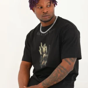 Alternative view of Unisex Oversize Baskılı Bisiklet Yaka T-Shirt - Siyah